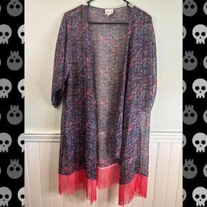LuLaRoe Floral Fringe Kimono Cardigan Size L | Sheer Boho Duster Red Tassel Hem
